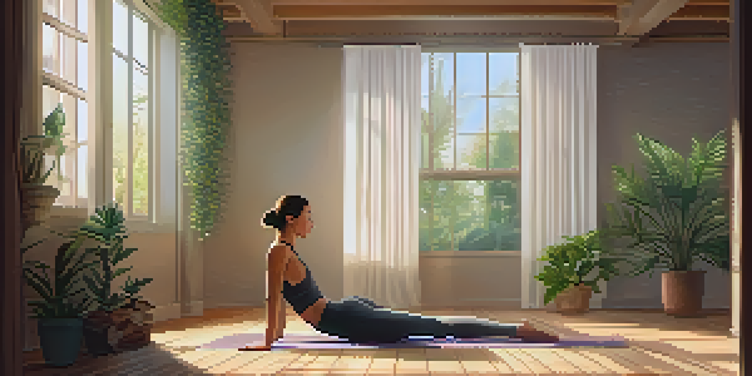 A person practicing yoga in a sunlit indoor room with plants and calming decor.