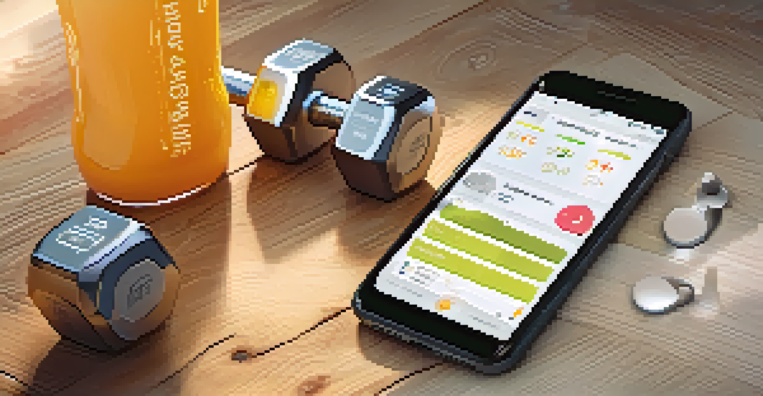 A close-up view of a smartphone with a fitness app interface, surrounded by a water bottle and dumbbells on a wooden surface, bathed in warm lighting.