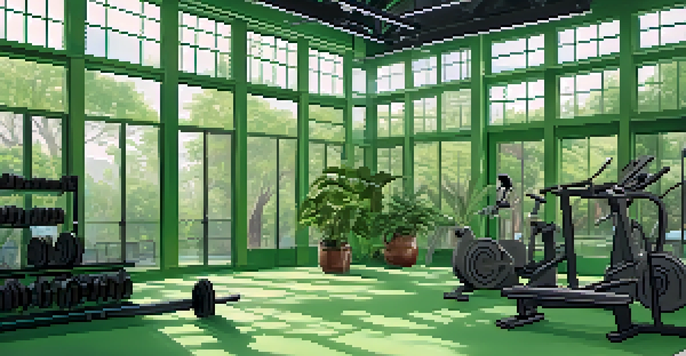A bodybuilder lifting weights in a gym filled with plants and eco-friendly equipment, illuminated by natural light.