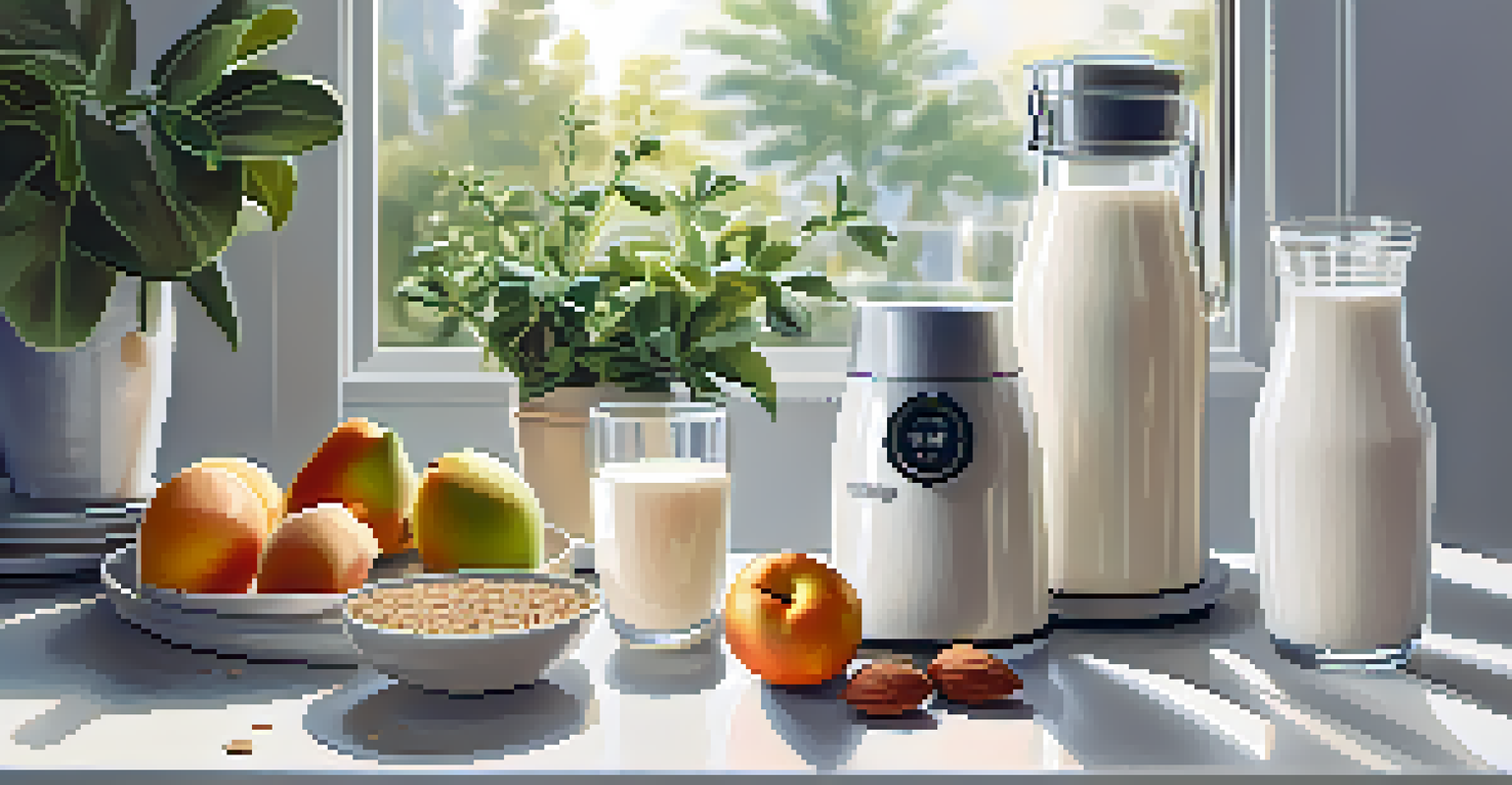 A kitchen counter with stylish glass containers of almond milk, soy milk, and oat milk, surrounded by fresh fruits and a blender, with sunlight illuminating the scene.