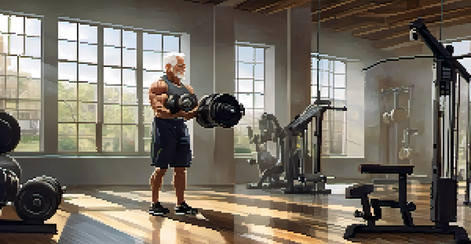 An older man with grey hair lifting weights in a well-lit gym, emphasizing focus and technique.