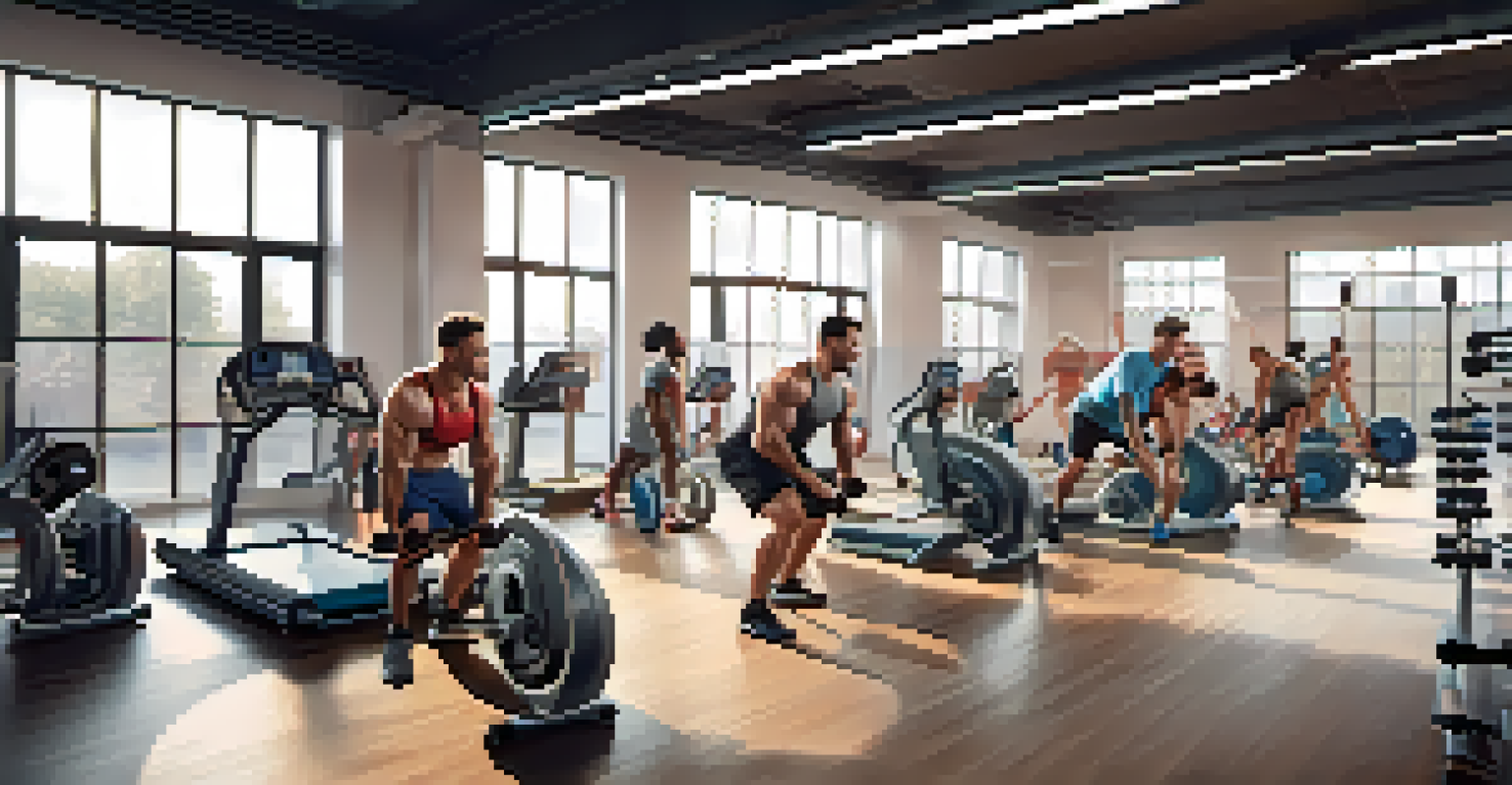 A group of bodybuilders in a gym, each wearing various wearable tech devices during a training session.