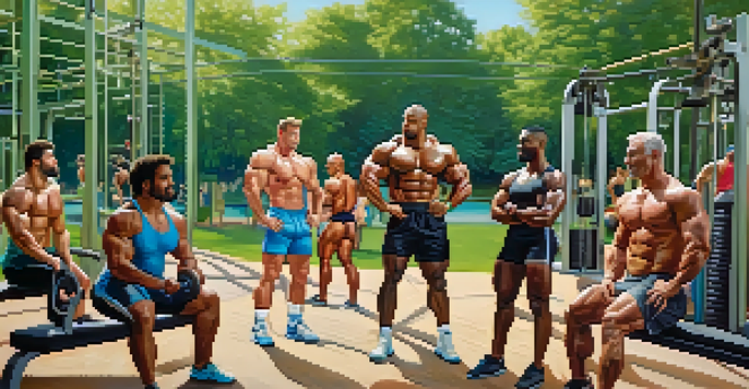 A diverse group of bodybuilders training together in an outdoor gym, surrounded by greenery and colorful equipment.
