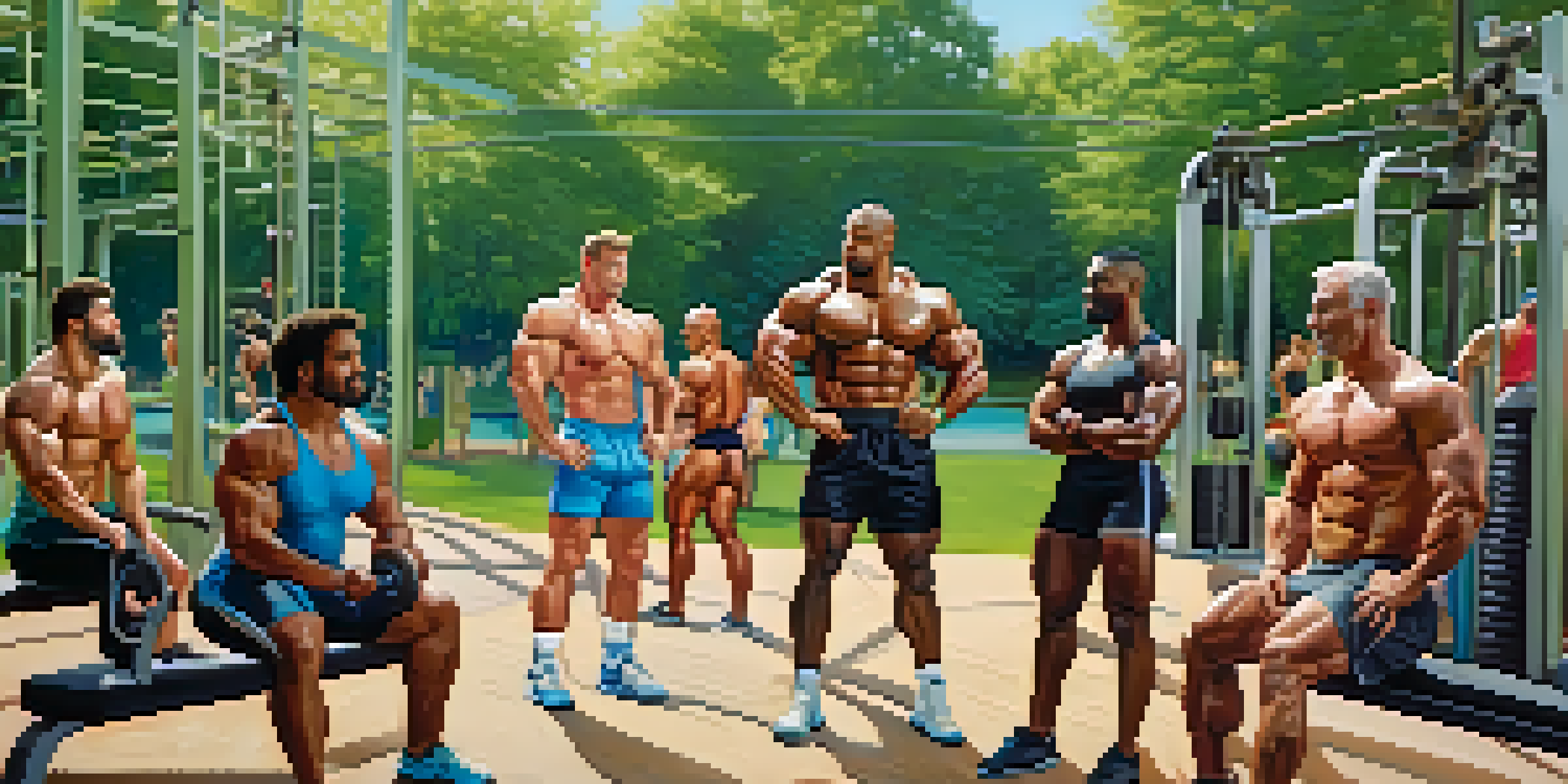 A diverse group of bodybuilders training together in an outdoor gym, surrounded by greenery and colorful equipment.
