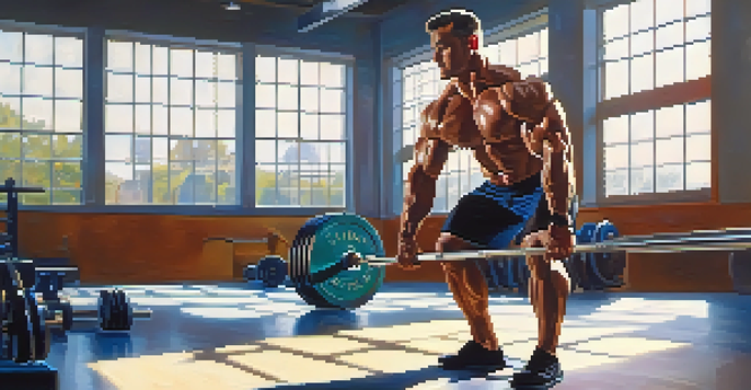 A bodybuilder in a gym, concentrating before lifting weights, with sunlight illuminating the space.