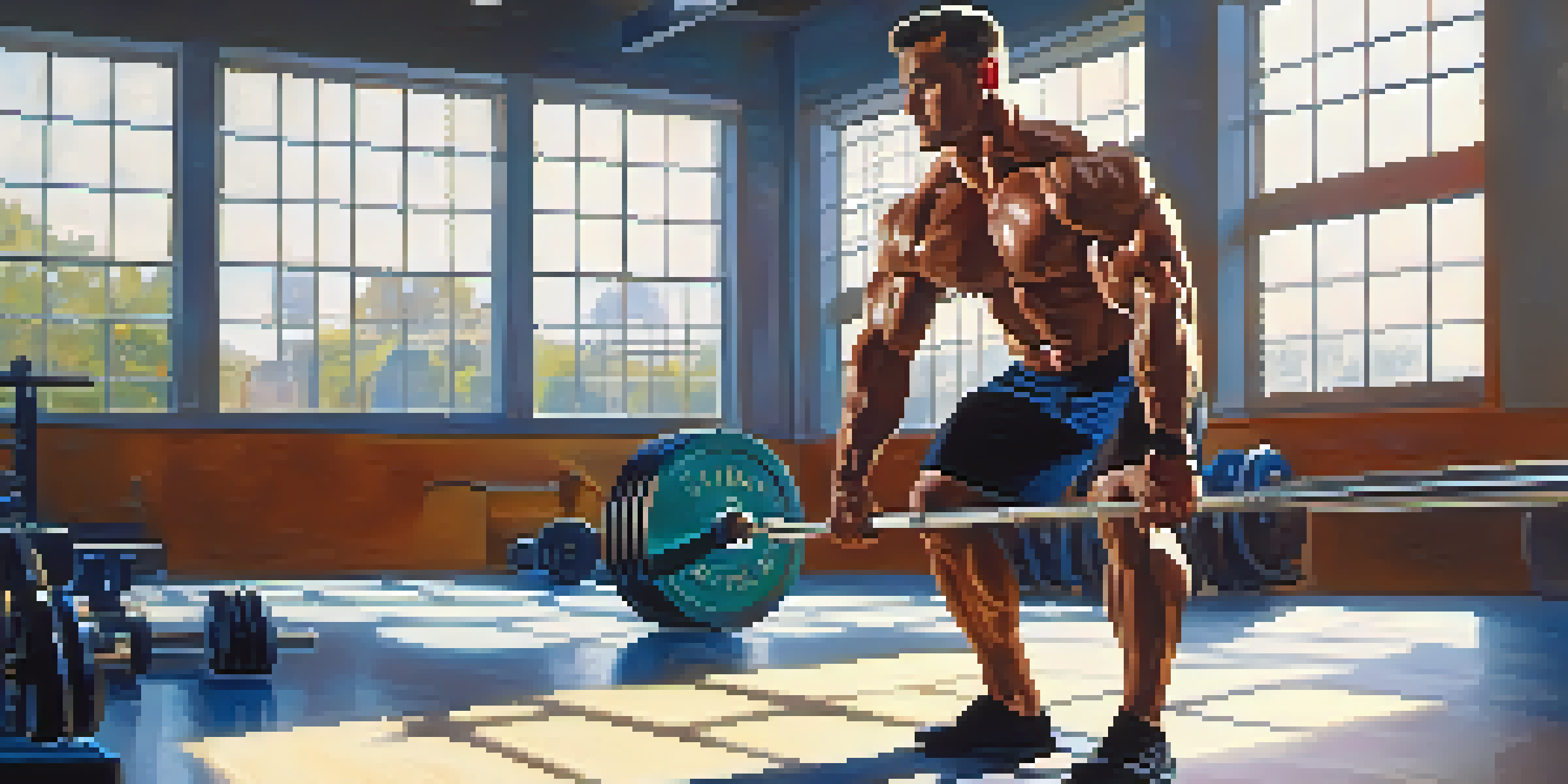 A bodybuilder in a gym, concentrating before lifting weights, with sunlight illuminating the space.