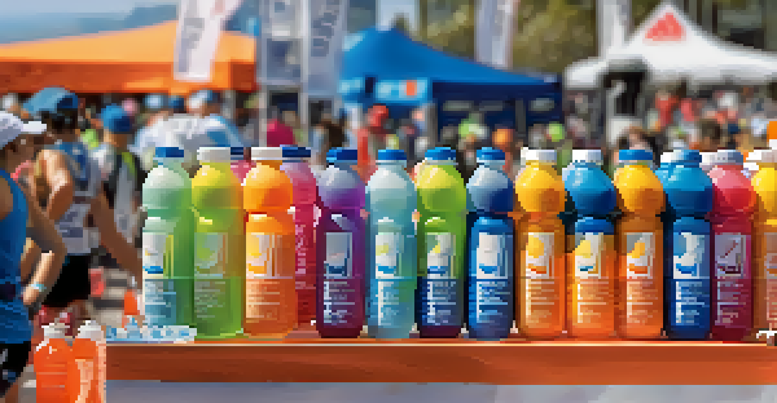 A close-up of a hydration station with sports drinks and water bottles, with runners in the background.