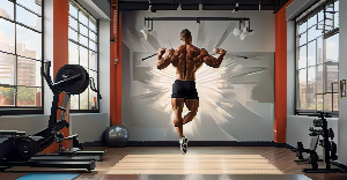 A bodybuilder doing leg swings for dynamic stretching in a bright gym, with gym equipment and motivational posters in the background.