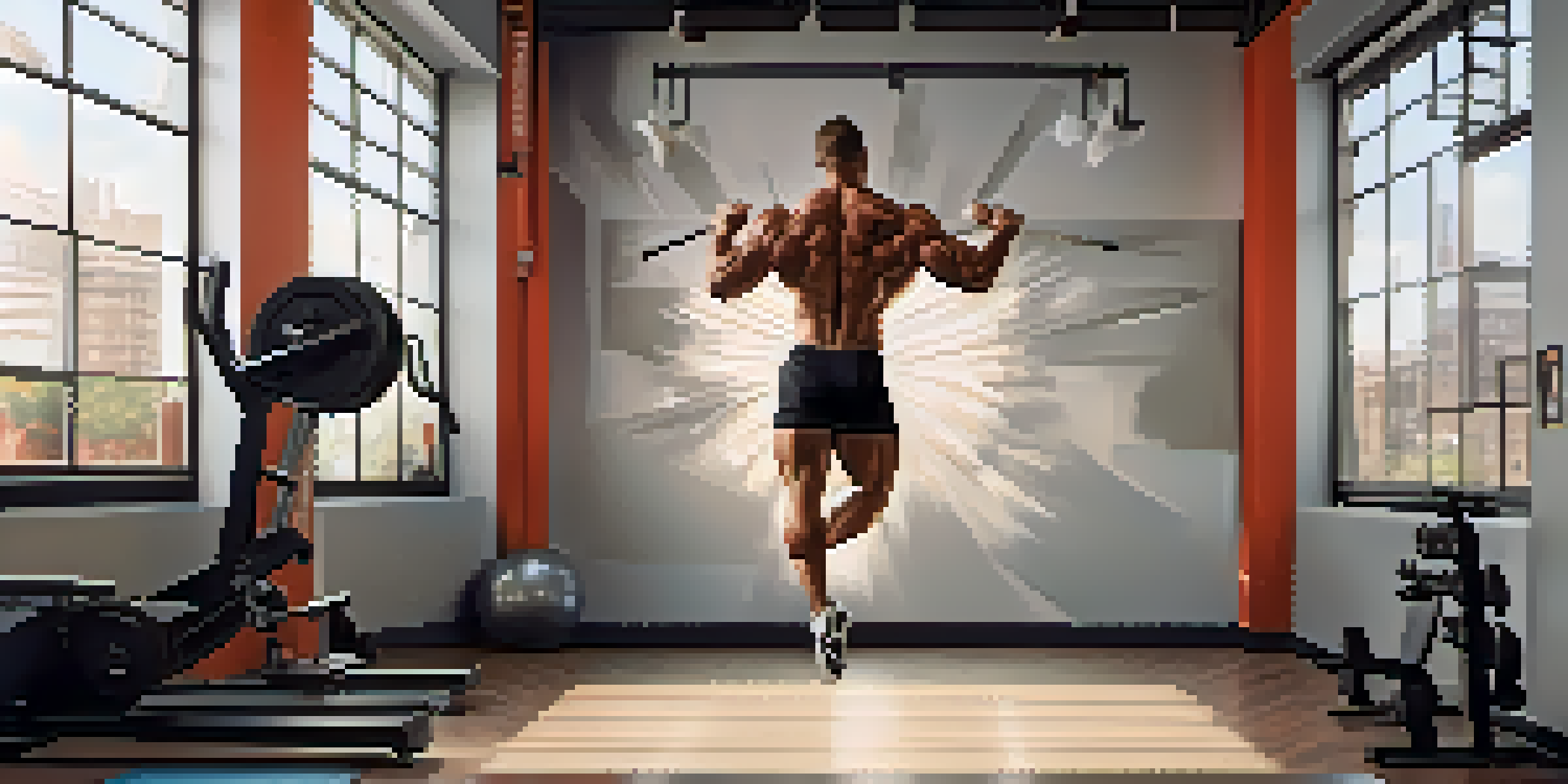 A bodybuilder doing leg swings for dynamic stretching in a bright gym, with gym equipment and motivational posters in the background.