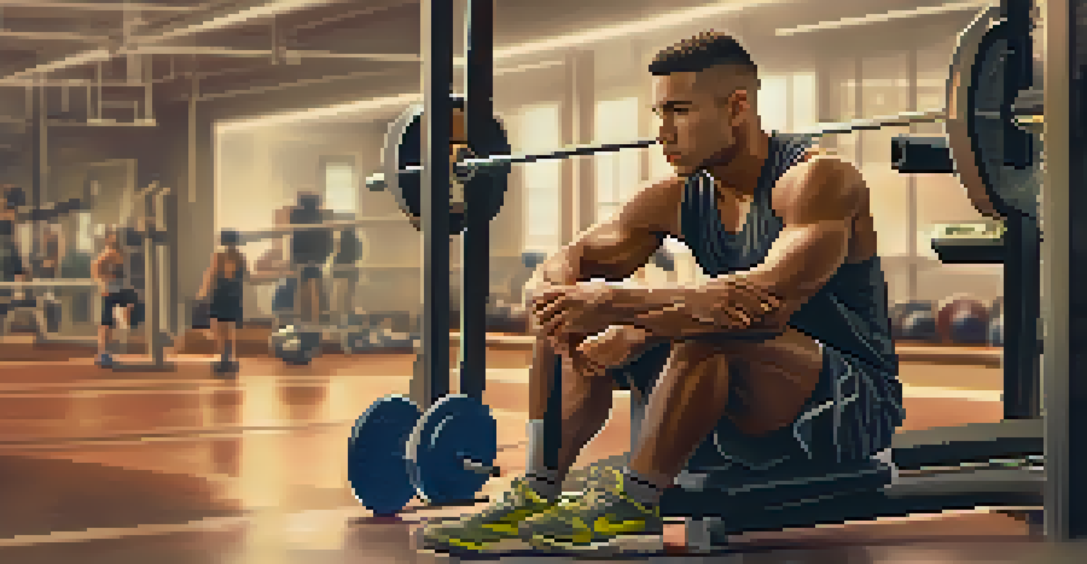 An athlete resting on a bench in a gym, looking thoughtful after exercising, surrounded by blurred gym equipment.