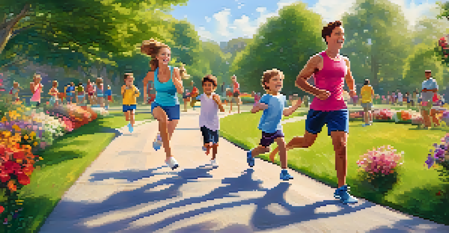 A family competing in a friendly fitness challenge outdoors, with a parent and child racing and another child cheering.