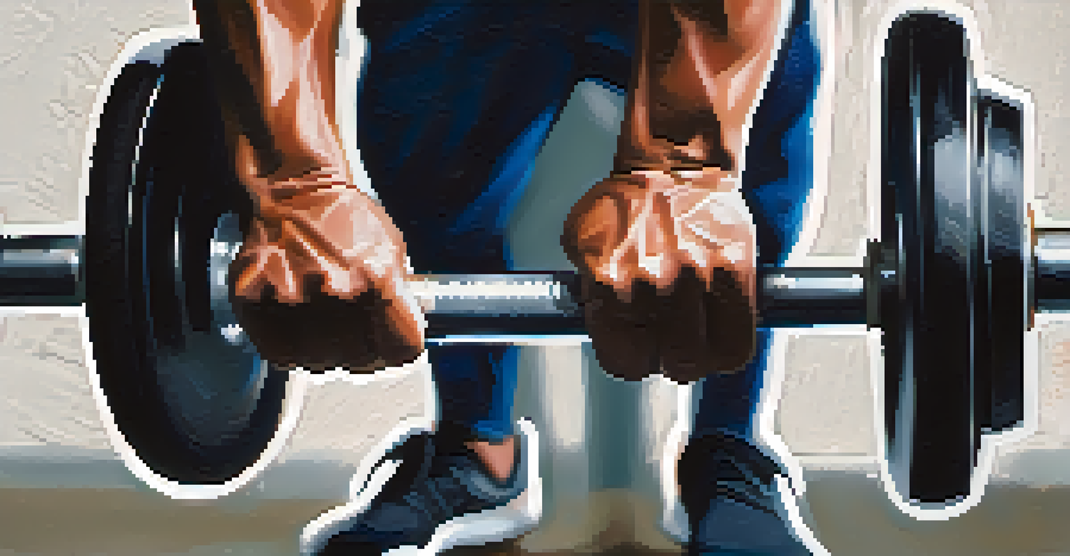 A close-up of hands holding a barbell, emphasizing the texture and chalk dust, with a blurred background of gym equipment.