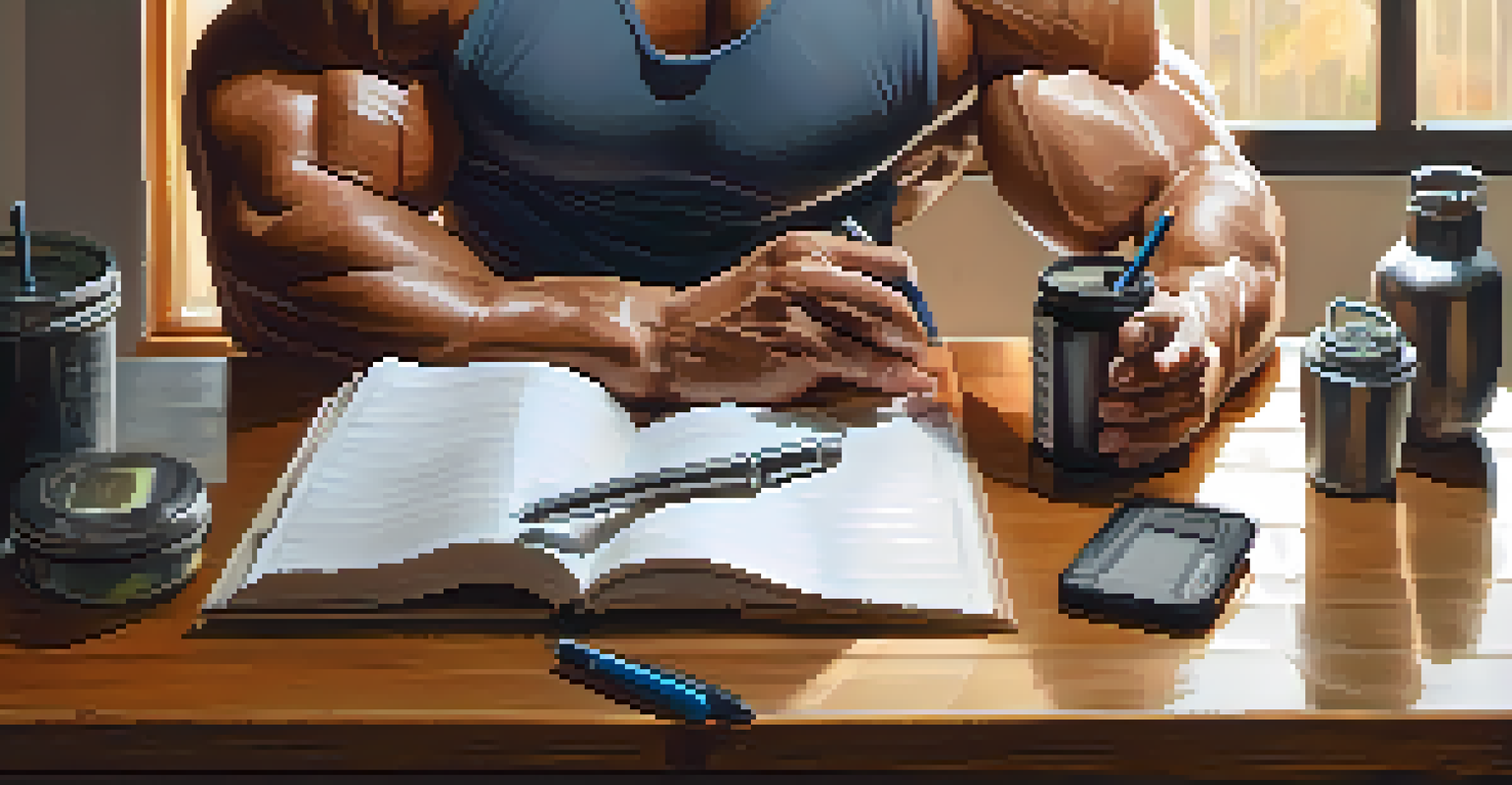 A bodybuilder writing in a journal after a workout, with gym gear and a protein shake visible on a wooden table.