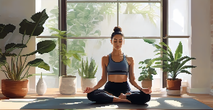 A person meditating on a yoga mat surrounded by plants and natural light, symbolizing the connection between mindfulness and physical fitness.