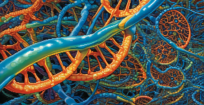 An illustration showing the process of protein synthesis with colorful DNA, RNA, and ribosomes in a cellular environment.