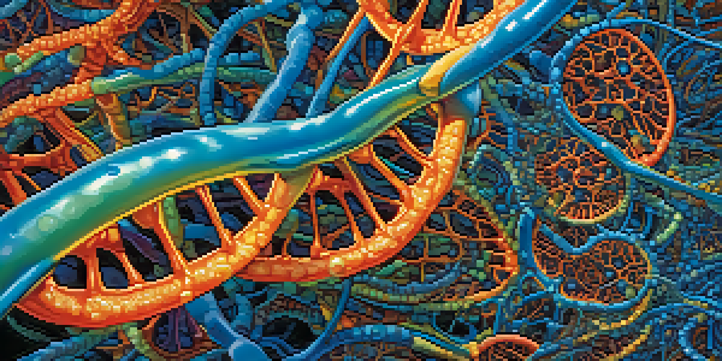 An illustration showing the process of protein synthesis with colorful DNA, RNA, and ribosomes in a cellular environment.