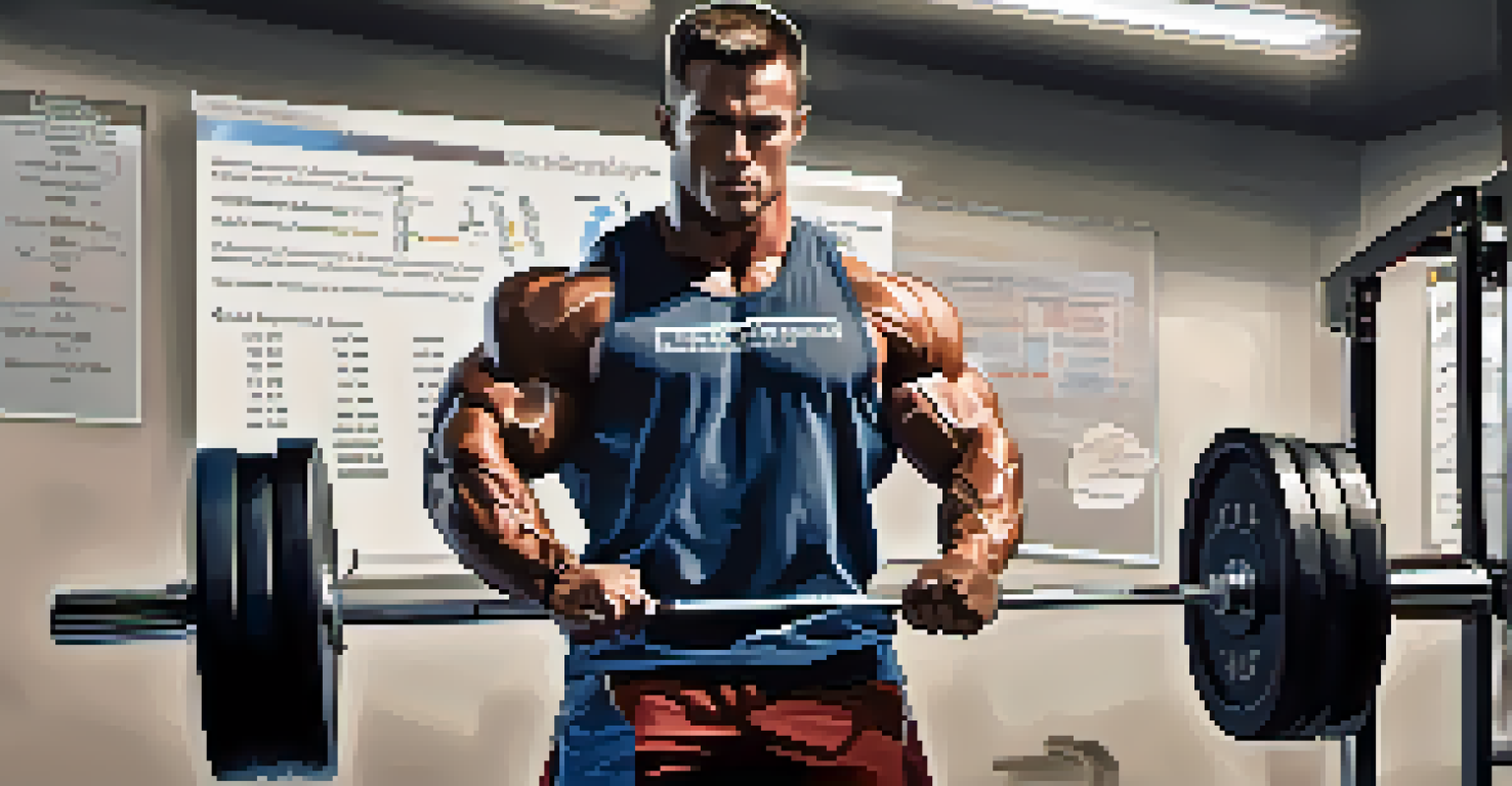 A muscular person lifting weights in a gym with a macronutrient chart on a whiteboard in the background, emphasizing the focus on protein for bodybuilding.