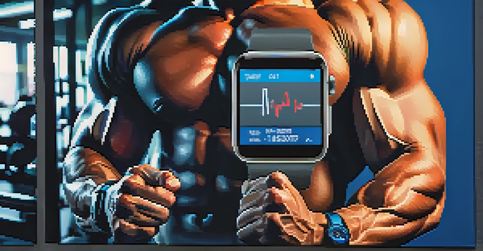 A close-up of a bodybuilder in a gym, wearing a smartwatch displaying workout metrics, with weights in the background.