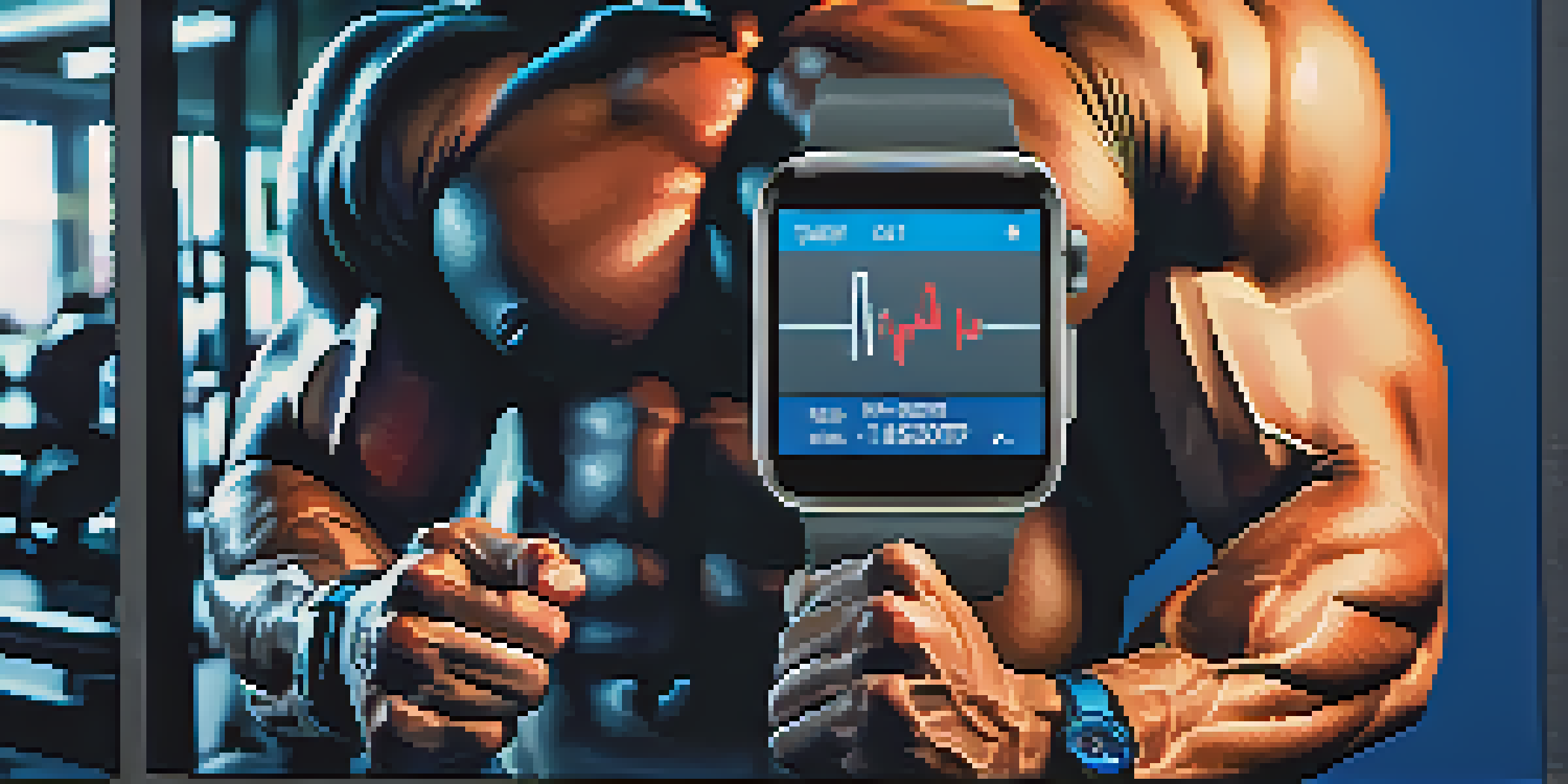 A close-up of a bodybuilder in a gym, wearing a smartwatch displaying workout metrics, with weights in the background.