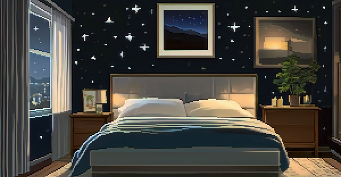 A cozy bedroom with dark blue sheets, warm lighting, and a starry sky outside the window, promoting a peaceful sleep environment.