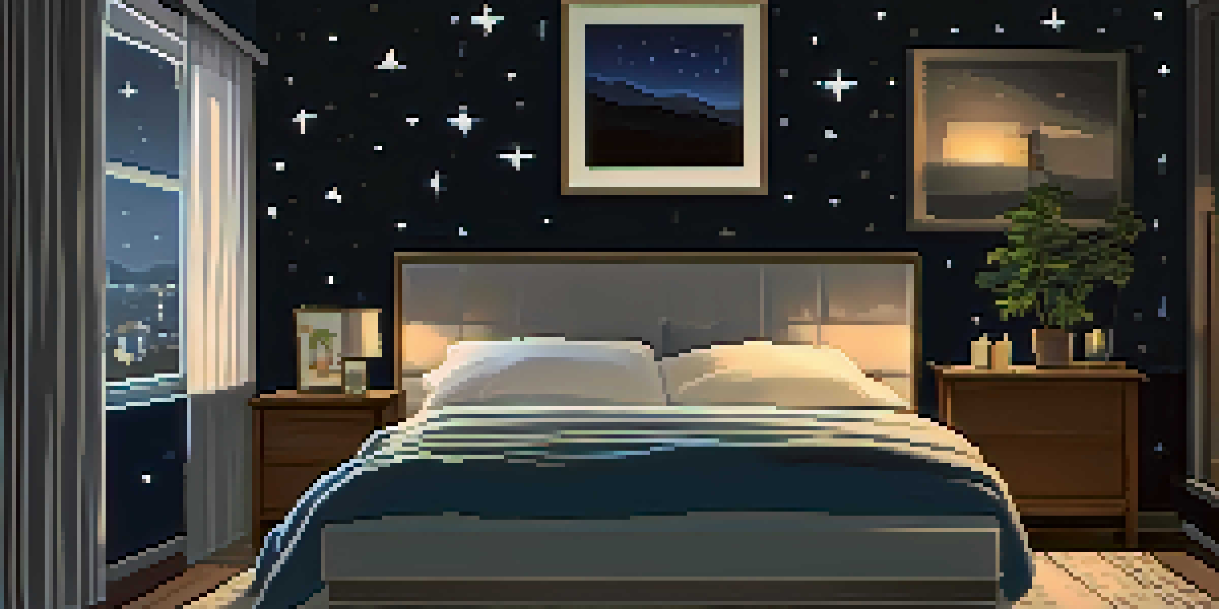 A cozy bedroom with dark blue sheets, warm lighting, and a starry sky outside the window, promoting a peaceful sleep environment.
