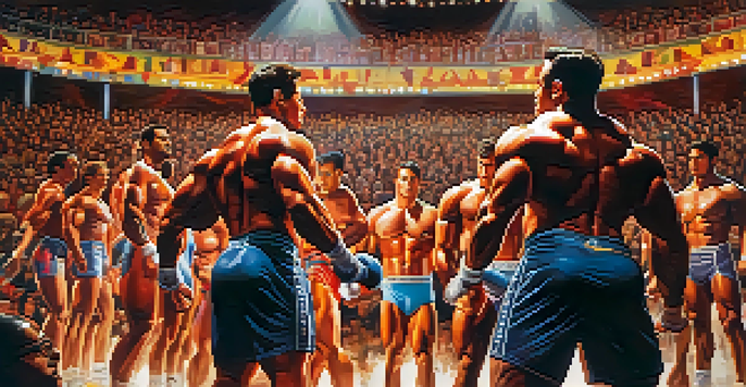 A lively bodybuilding competition with diverse athletes posing on stage, illuminated by bright lights, while an enthusiastic audience watches from the front.