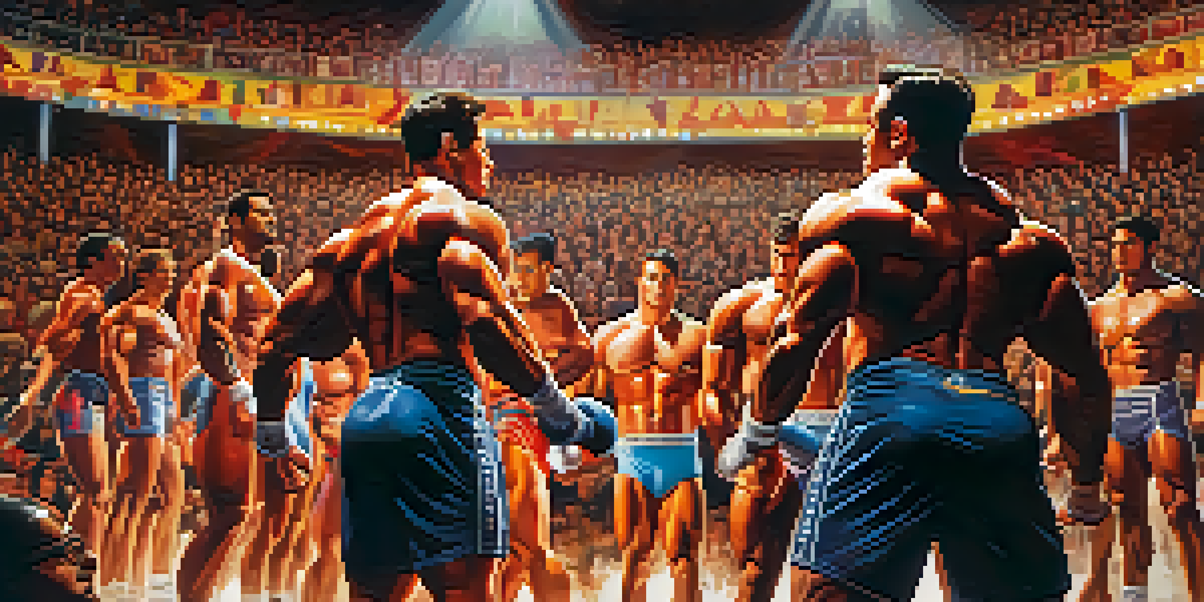 A lively bodybuilding competition with diverse athletes posing on stage, illuminated by bright lights, while an enthusiastic audience watches from the front.