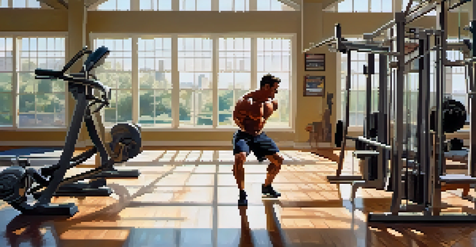 A professional bodybuilder performing dynamic leg swings in a bright gym, showcasing muscular definition and a focused expression.