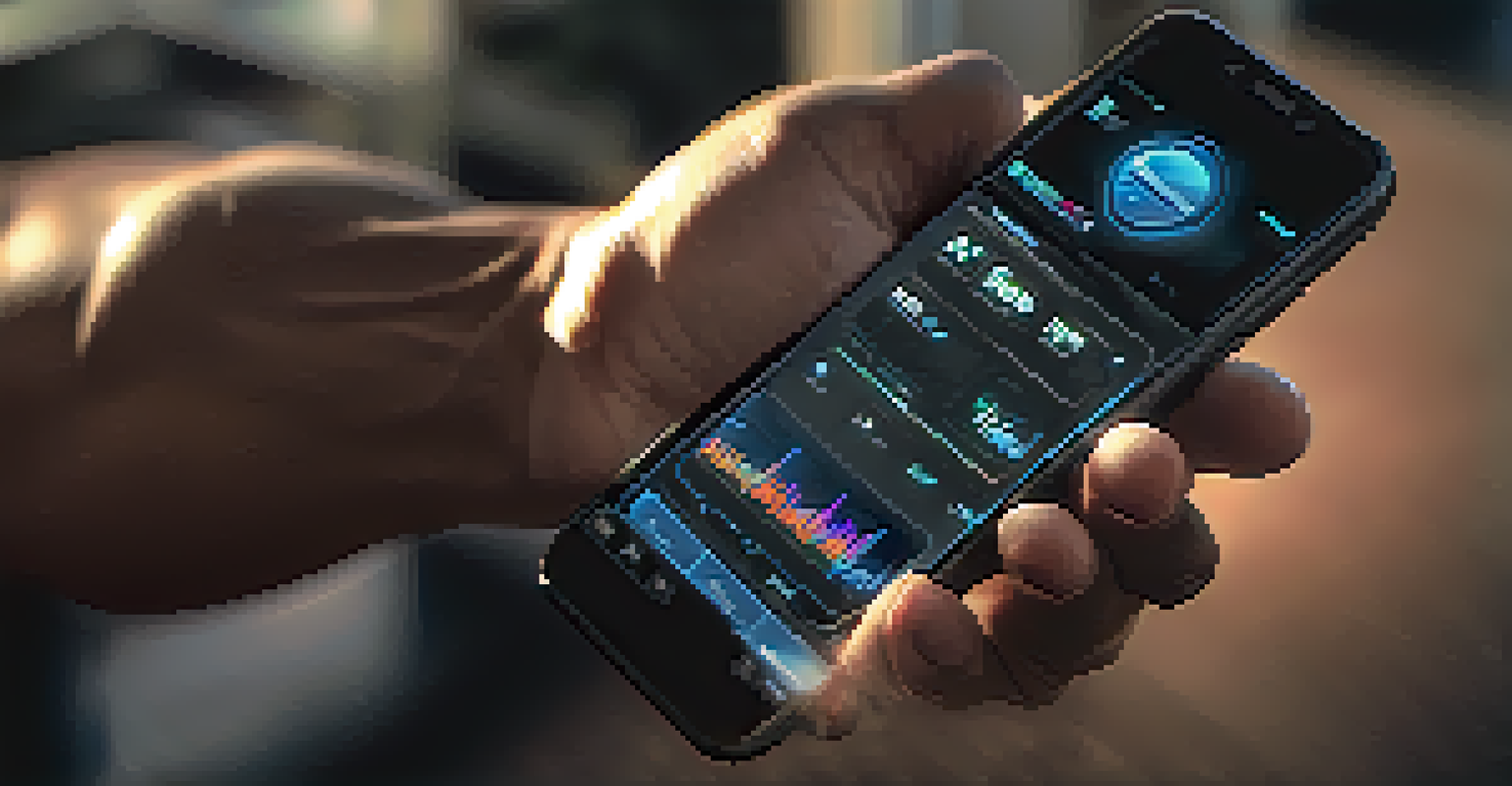 A close-up of a hand holding a smartphone showing a fitness app with progress charts.