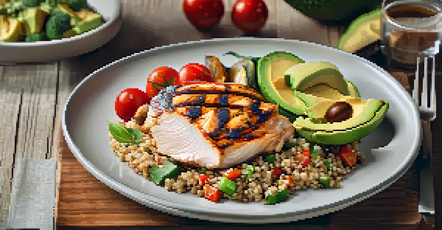 A nutritious protein-rich meal with grilled chicken, quinoa, and vegetables on a wooden table.
