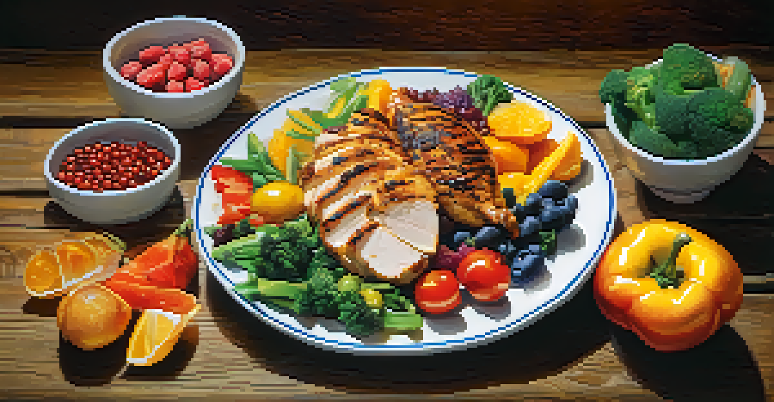 A plate of healthy bodybuilding foods including grilled chicken, quinoa, and colorful vegetables.