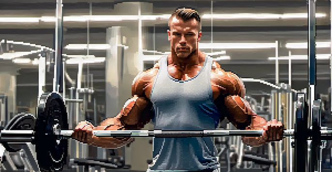 A focused bodybuilder lifting a heavy barbell in a well-lit gym, showcasing gym equipment and motivational posters.