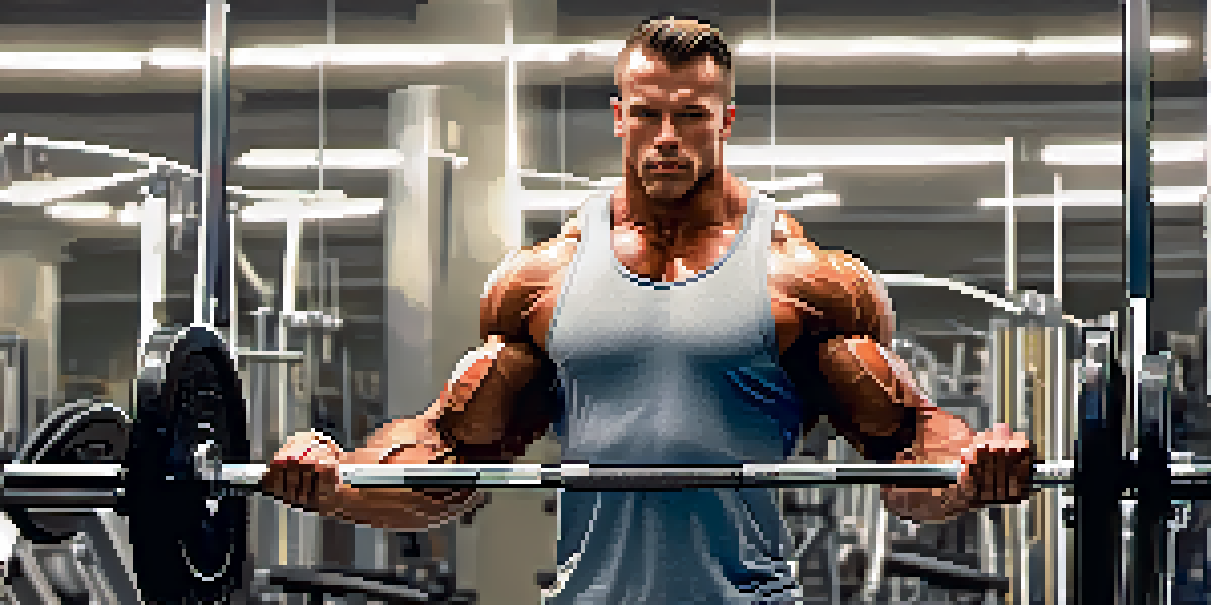 A focused bodybuilder lifting a heavy barbell in a well-lit gym, showcasing gym equipment and motivational posters.
