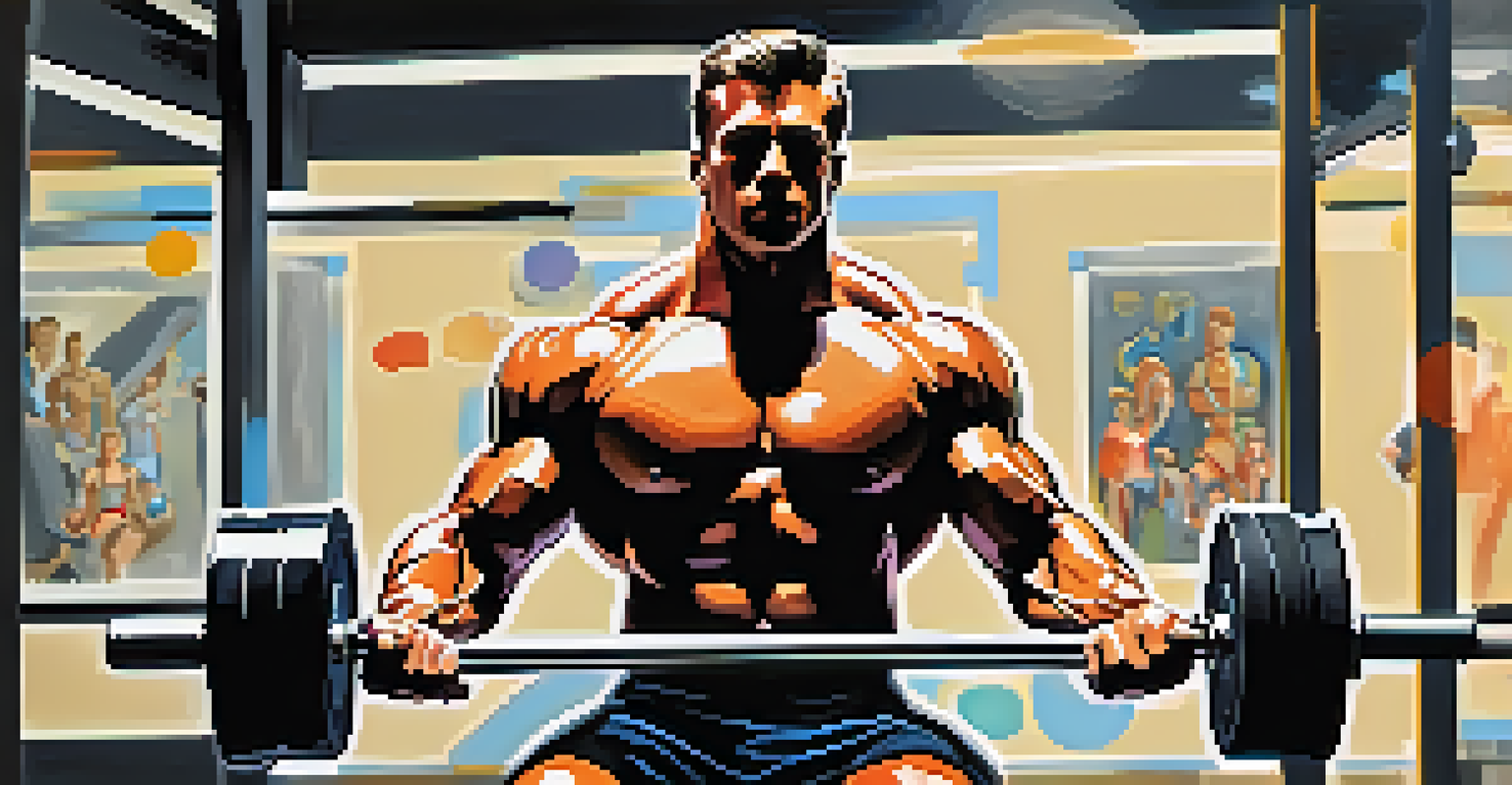 A bodybuilder lifting weights in a gym, with a thought bubble showing their fitness goals, surrounded by bright gym lighting.