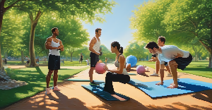 Three individuals of different body types exercising in a sunny park, with weights, jogging, and yoga.