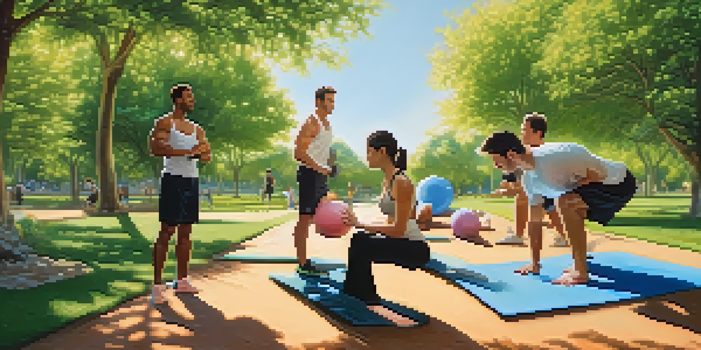 Three individuals of different body types exercising in a sunny park, with weights, jogging, and yoga.