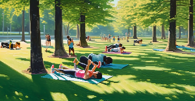 A diverse group of people exercising outdoors in a park, with sunlit trees, flowers, and blue sky in the background.