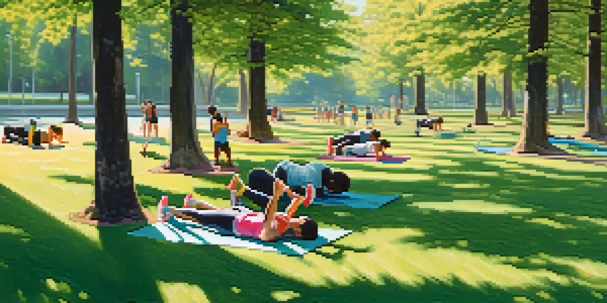 A diverse group of people exercising outdoors in a park, with sunlit trees, flowers, and blue sky in the background.