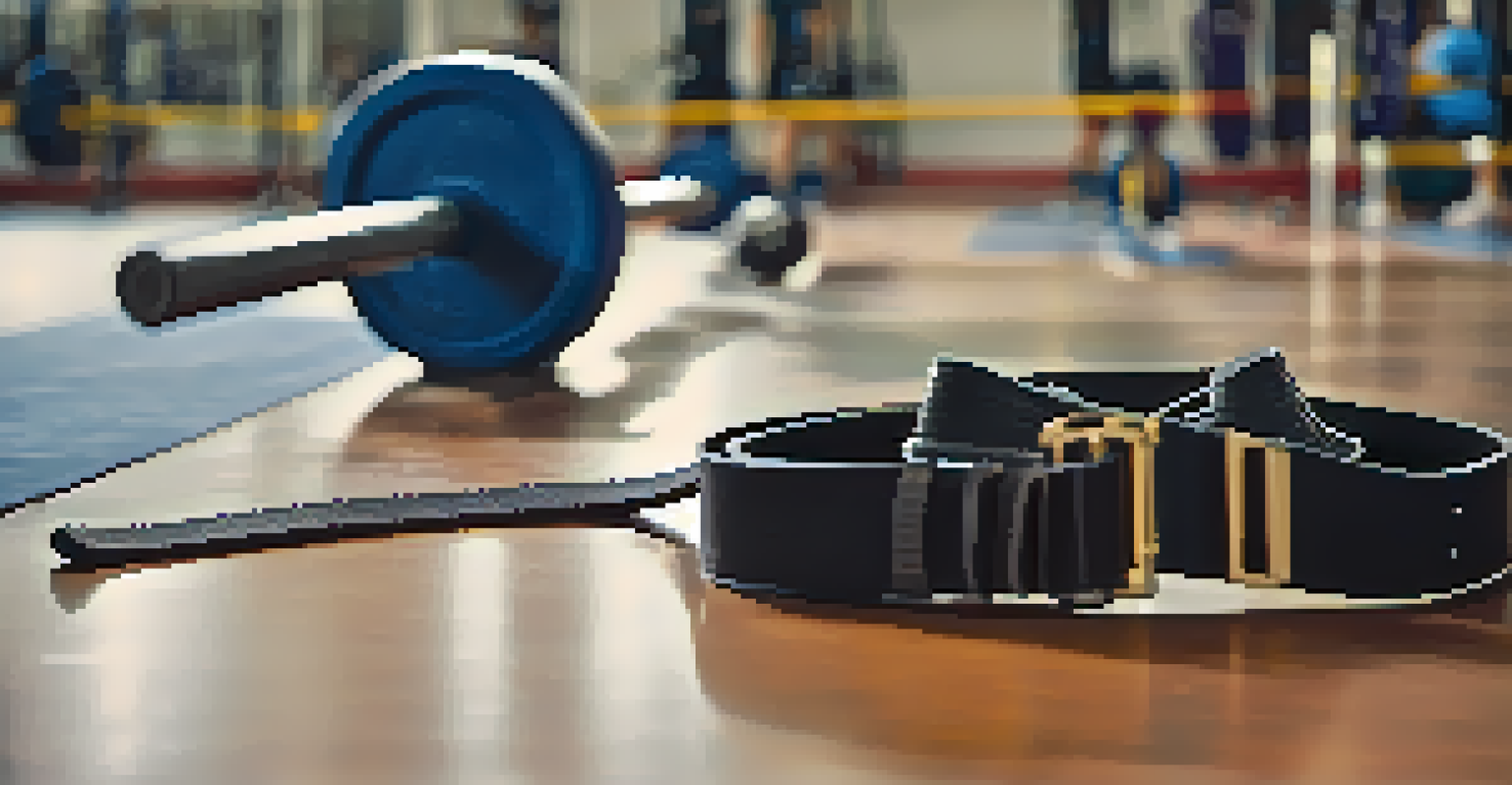 A close-up of a weightlifting belt and shoes on a gym floor, showcasing proper equipment for safety.