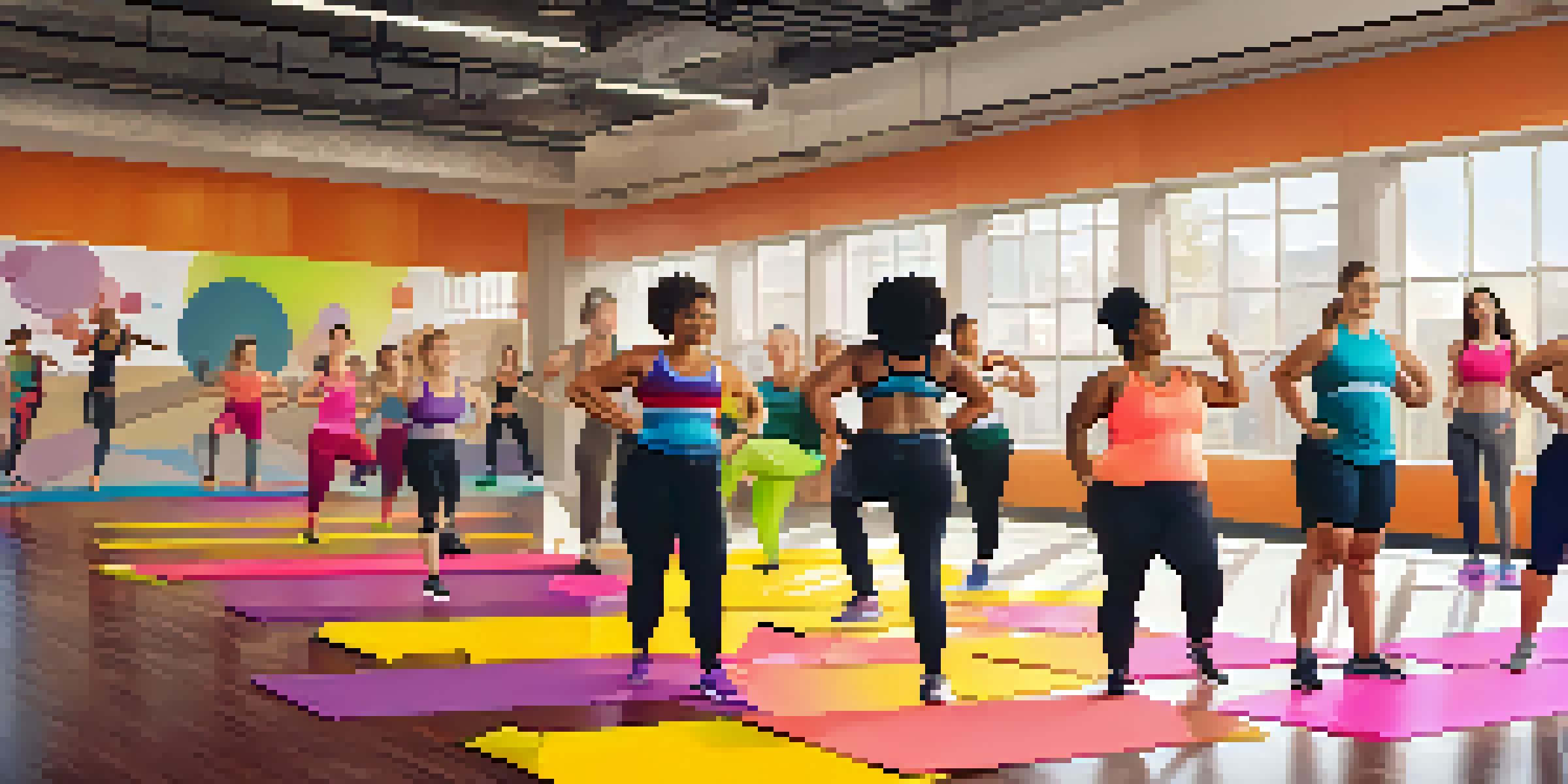 A diverse group of people in a fitness class, demonstrating various body types and levels of fitness in a bright gym.