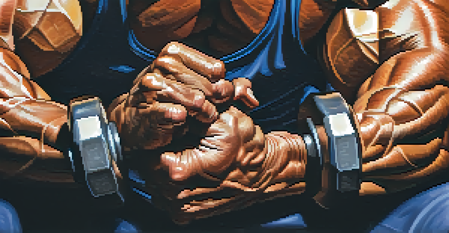 Close-up of a bodybuilder's hands gripping a heavy dumbbell with visible texture and strain, against a softly blurred background.
