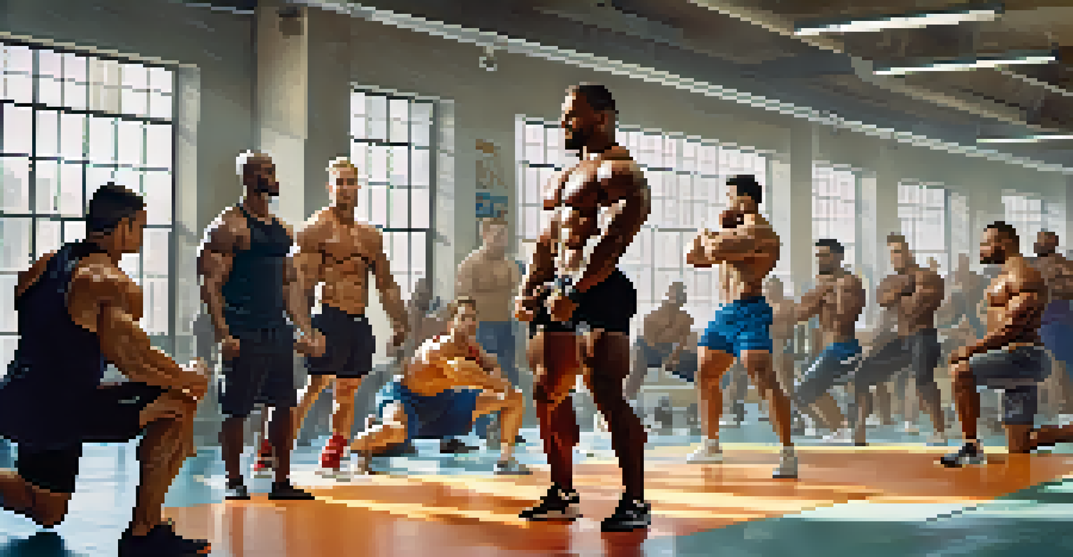 A diverse group of bodybuilders working out together in a gym, showcasing camaraderie and support.