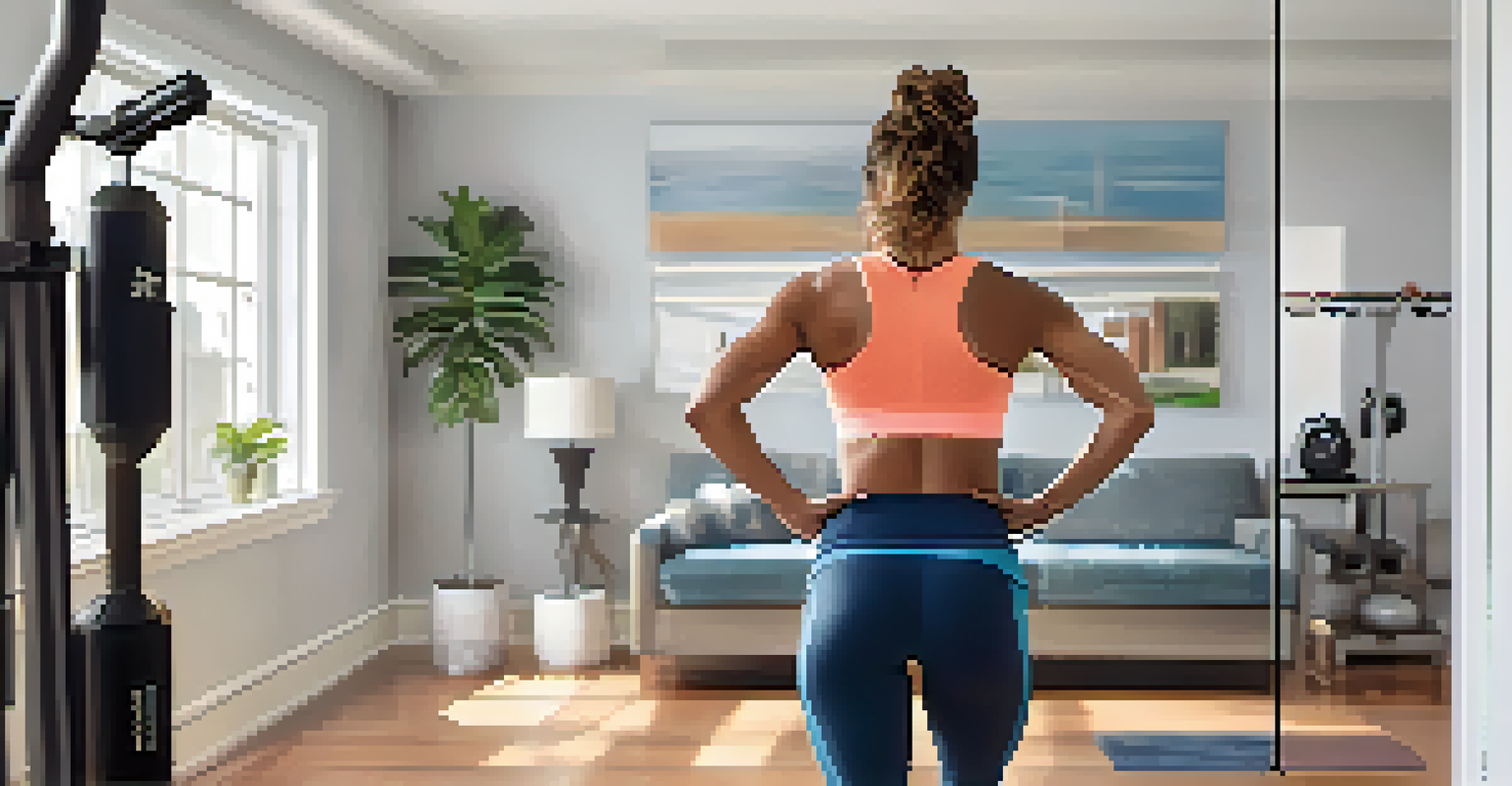 A person taking a progress photo in a bright home gym, smiling and showcasing their fitness transformation in front of a mirror.