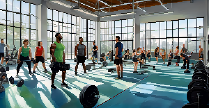 A diverse group of individuals lifting weights in a bright gym with large windows, surrounded by modern equipment and motivational quotes.