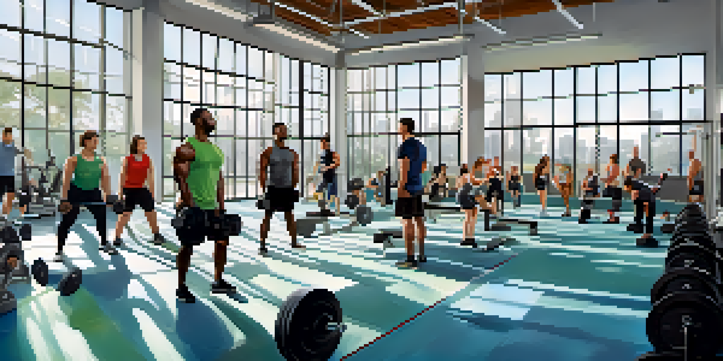A diverse group of individuals lifting weights in a bright gym with large windows, surrounded by modern equipment and motivational quotes.
