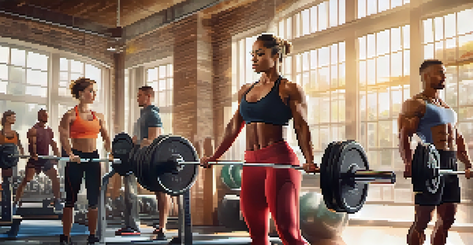 A diverse group of individuals working out in a gym, with a woman lifting weights and sunlight streaming through the windows.