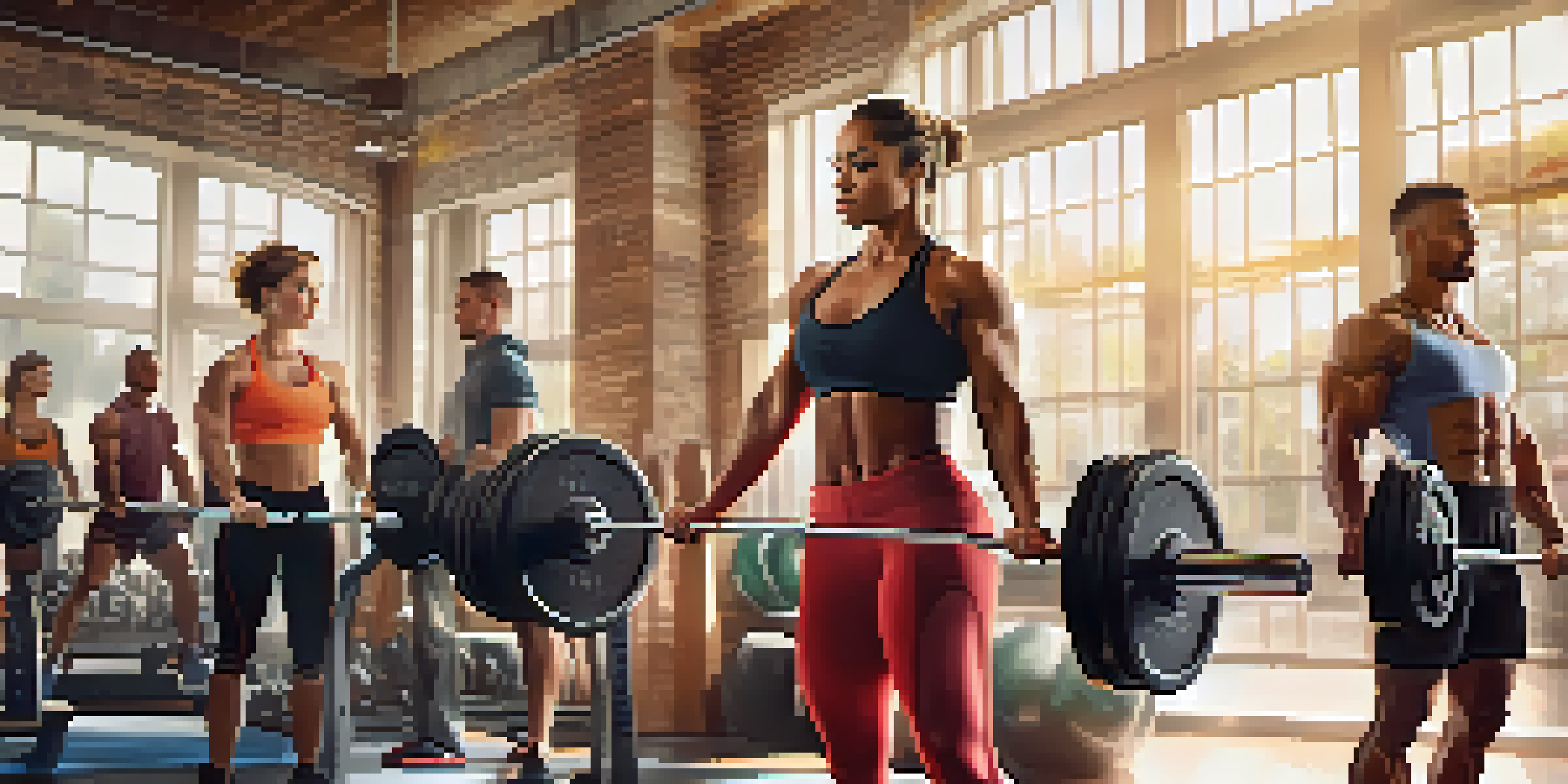 A diverse group of individuals working out in a gym, with a woman lifting weights and sunlight streaming through the windows.