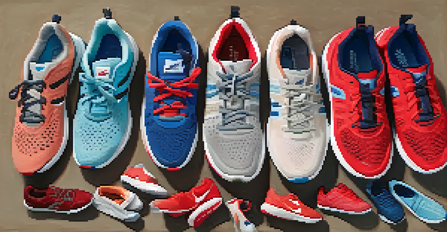 A flat lay image showing various athletic shoes labeled for different foot types, arranged on a textured surface.