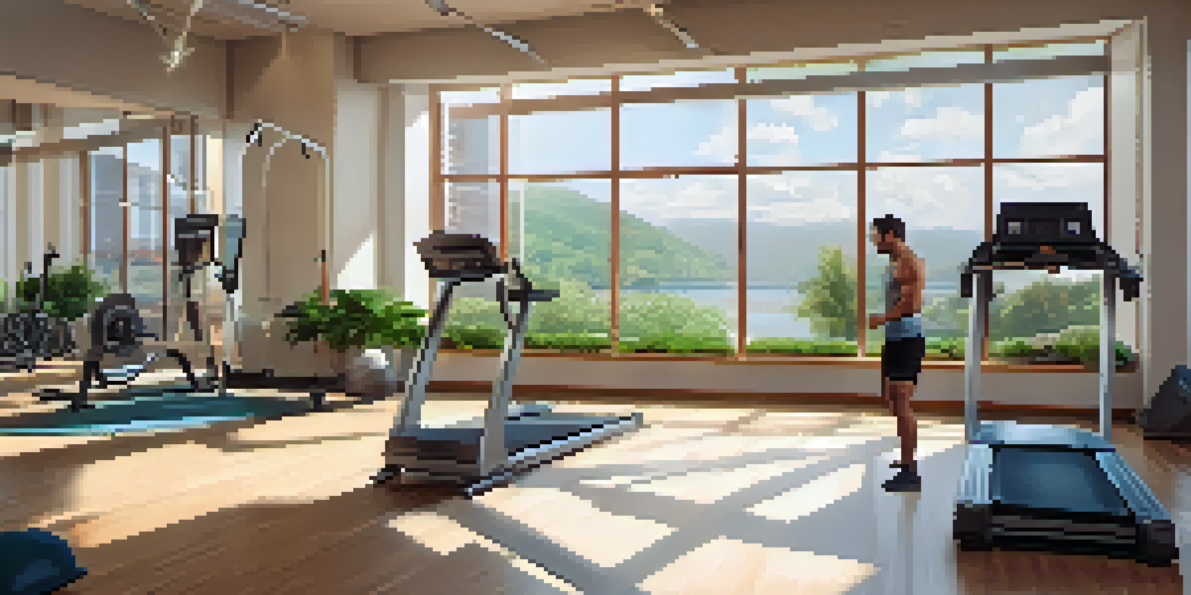 A bodybuilder warming up with dynamic stretches in a bright gym filled with natural light and gym equipment in the background.