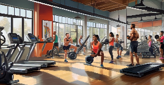 A diverse group of people exercising together in a bright and modern gym, showcasing different workouts like weightlifting and yoga.